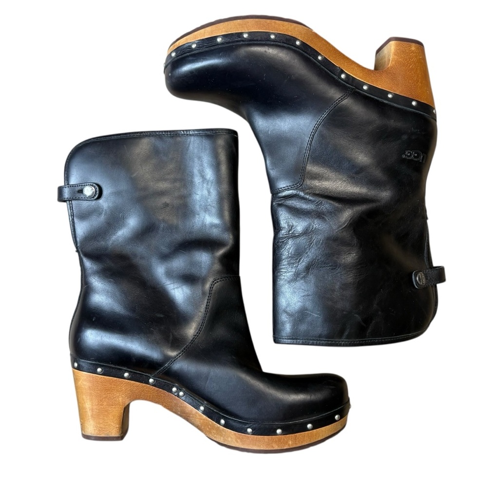 UGG Lynnea boots wooden clog heel Black Leather Sherpa gossip girl size 10 women - Picture 3 of 10